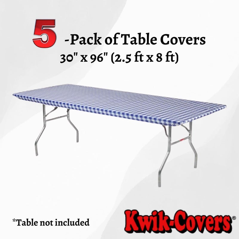 Kwik-Covers 8' Rectangle Plastic Table Covers 30" x 96", Bundle of 5 (Blue Gingham) - Image 2